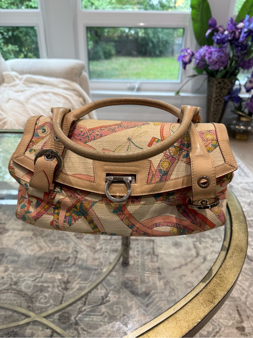 Salvatore Ferragamo Beige Multicolor Patterned Top-Handle Satchel